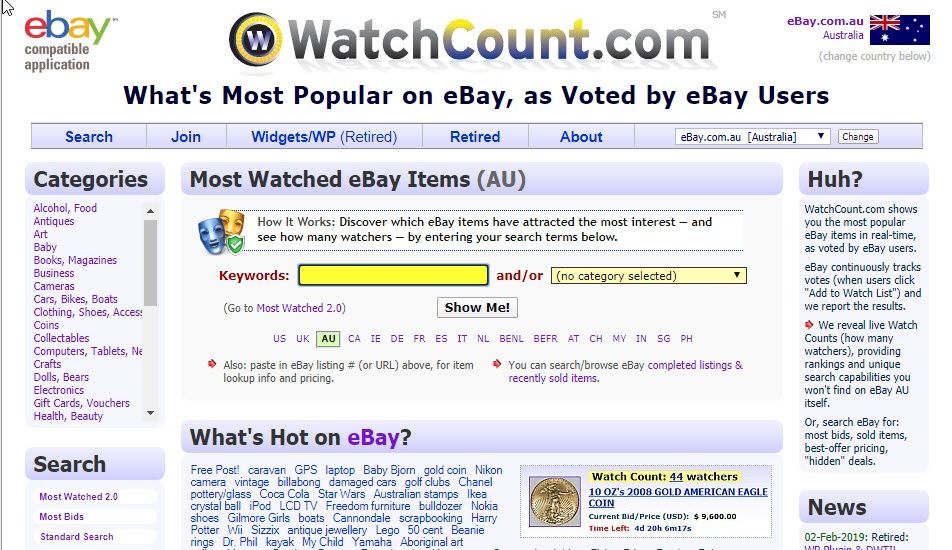 Find eBay Australia top selling items on Watchcount.com
